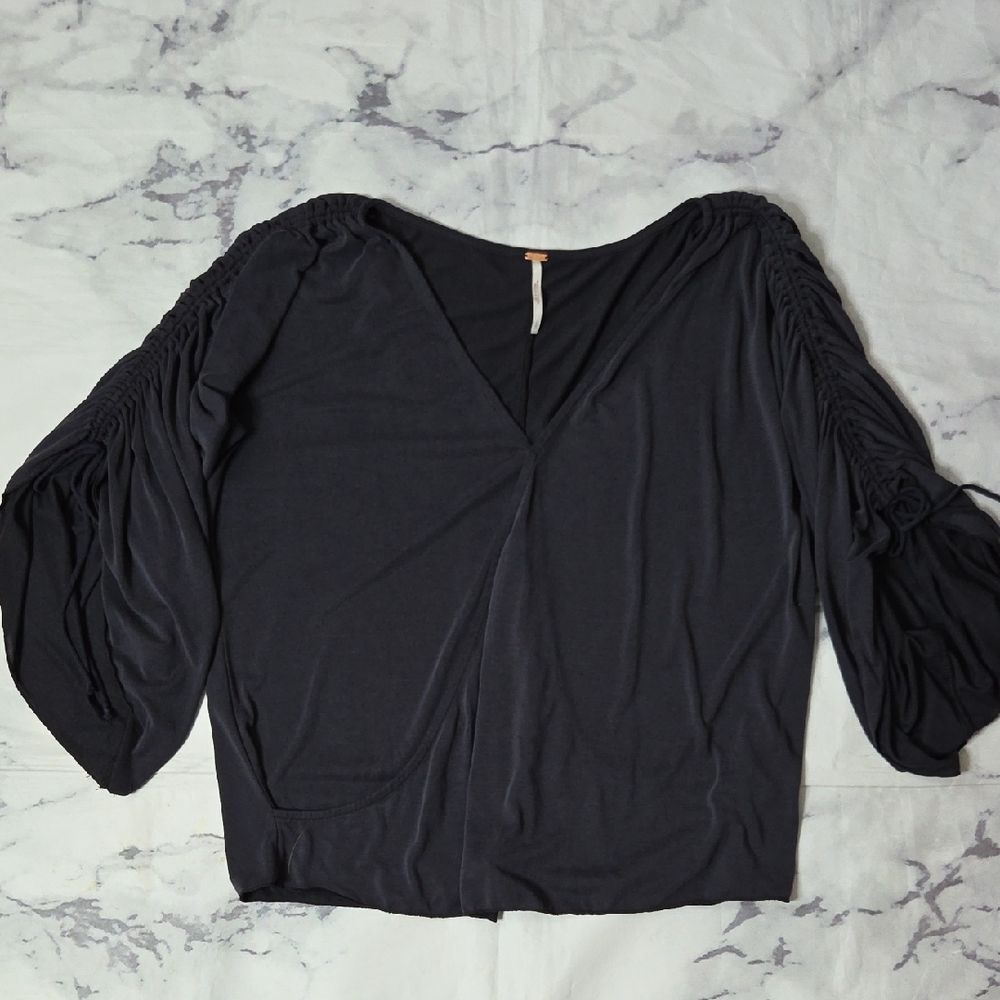 Free People Salt N Peppa Top V-Neck Surplice Ruched Sleeve Top